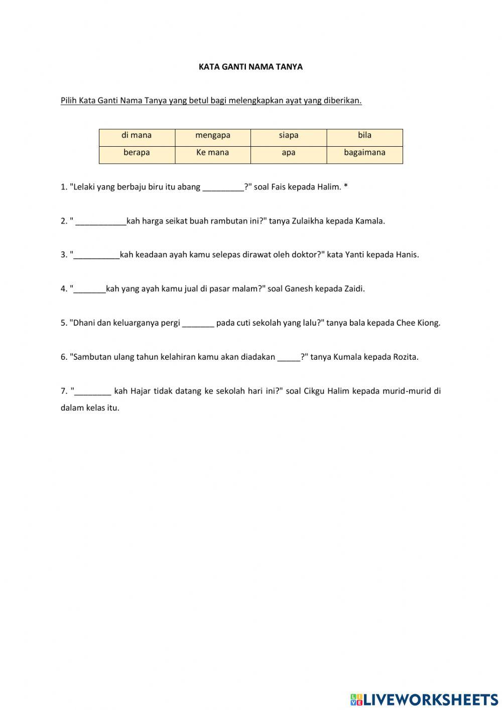 Kata Ganti Nama Diri, Tanya, Tunjuk