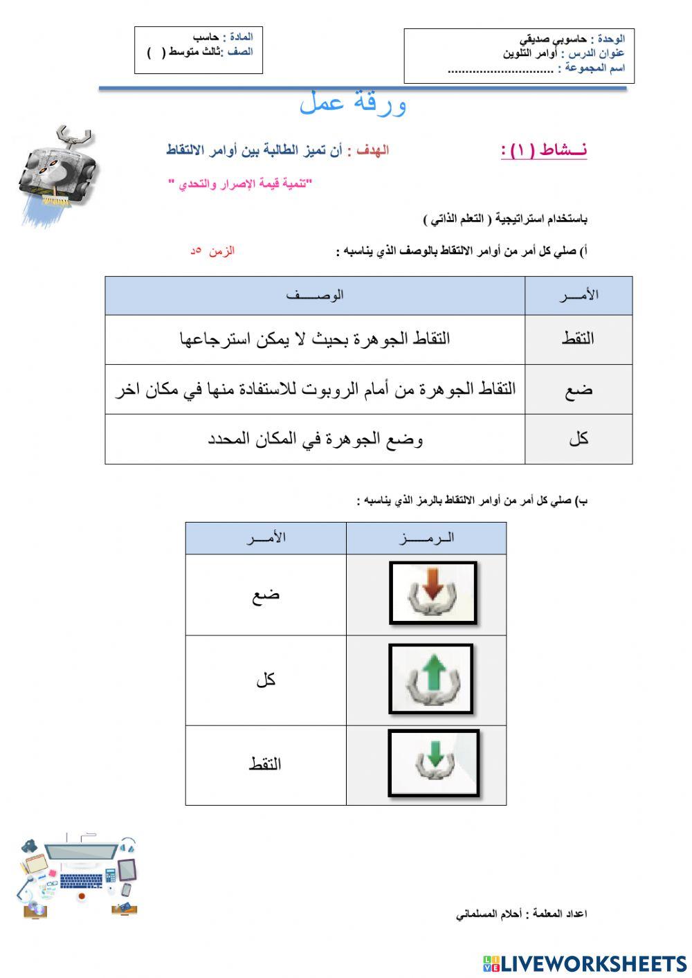 ورقه عمل اوامر الالتقاط