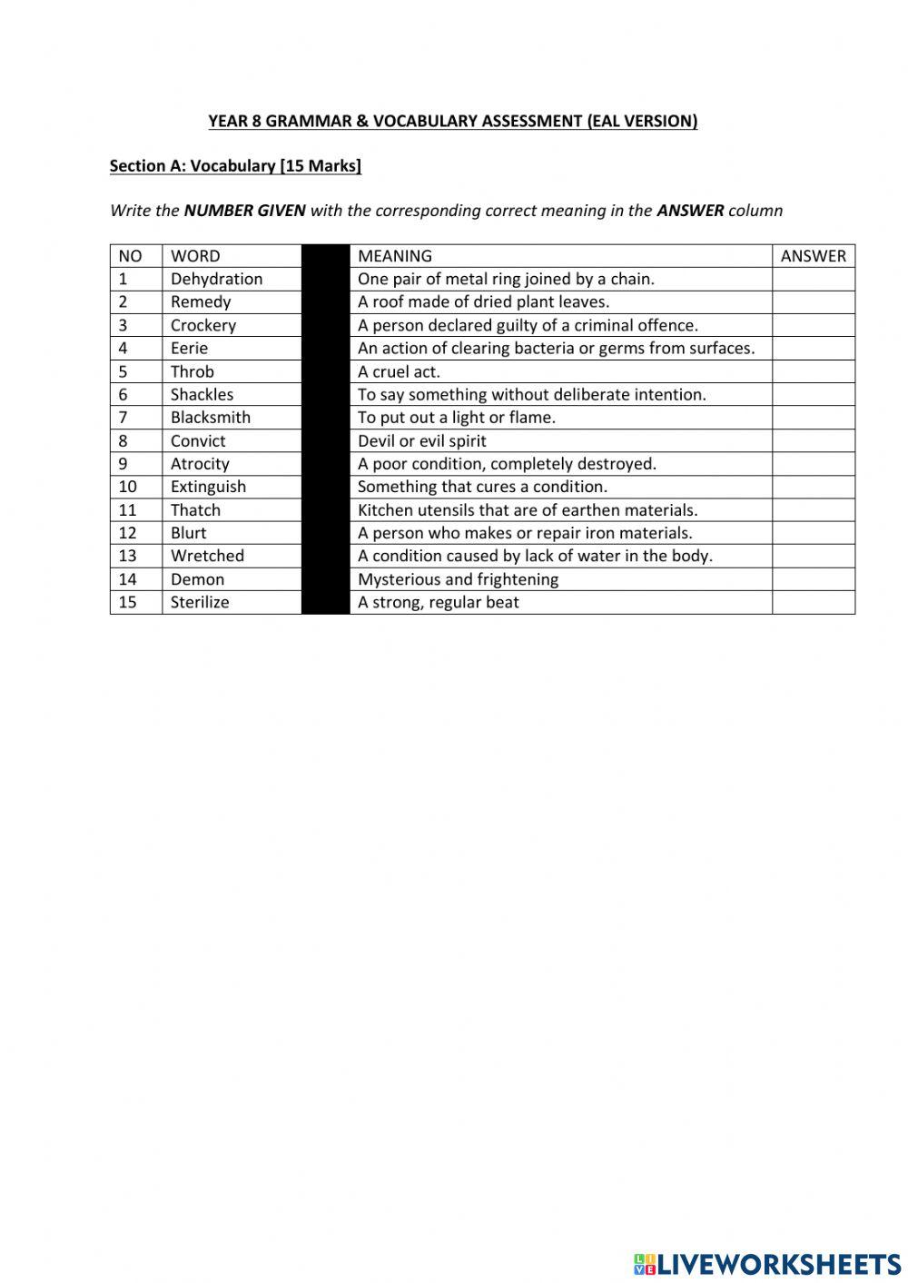 Year 8 Grammar & Vocabulary Assessment (Non EAL)