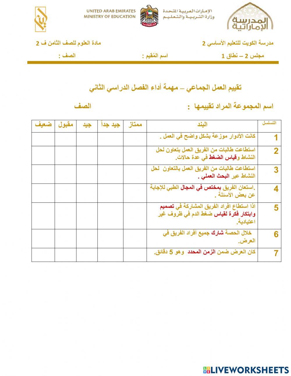 تقييم مهمة اداء الفصل الدراسي الثاني