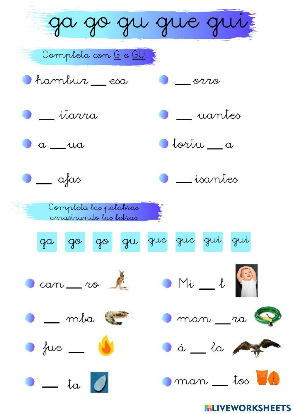 Ca, co, cu, que, qui - ga, go, gu, gue, gui