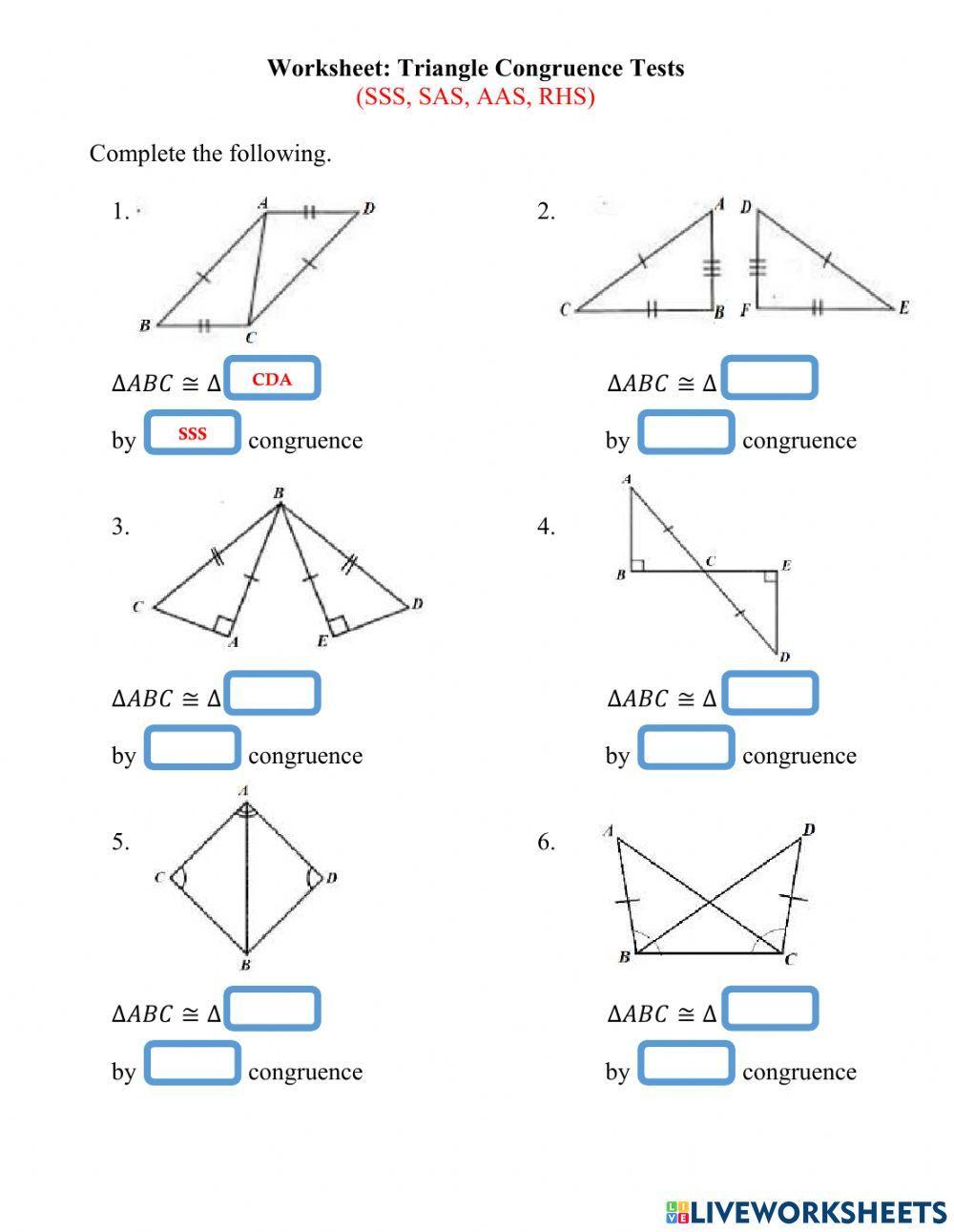 Triangle Congruence worksheet Live Worksheets