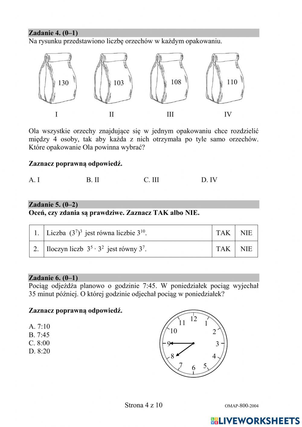 Egzamin ósmoklasisty 2020 - matematyka pytania zamknięte
