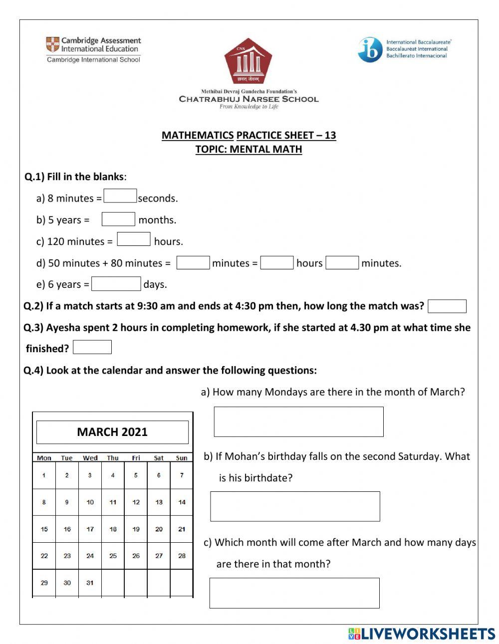 22nd February-Mathematics-Grade4-Practice sheet 12 and Practice sheet 13
