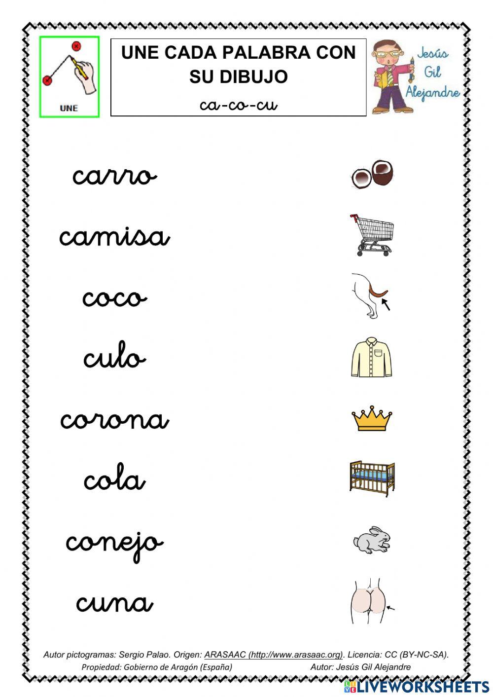 Une palabra y dibujo ca co cu minúsculas