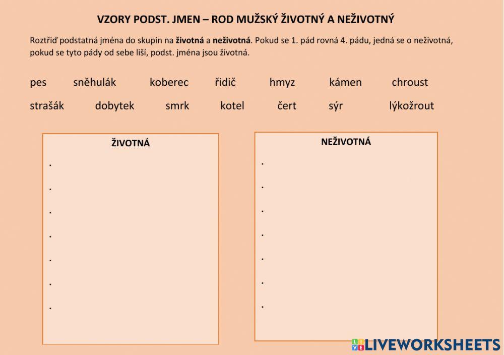 Životnost podst. jmen - procvičování