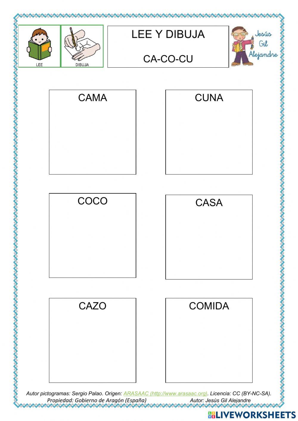Lee y dibuja palabras con ca co cu mayúsculas