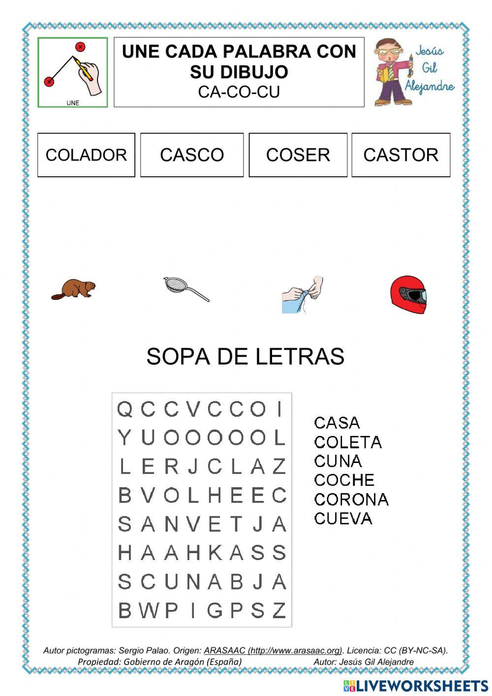 Une palabra y dibujo y sopa de letrasl. ca co cu