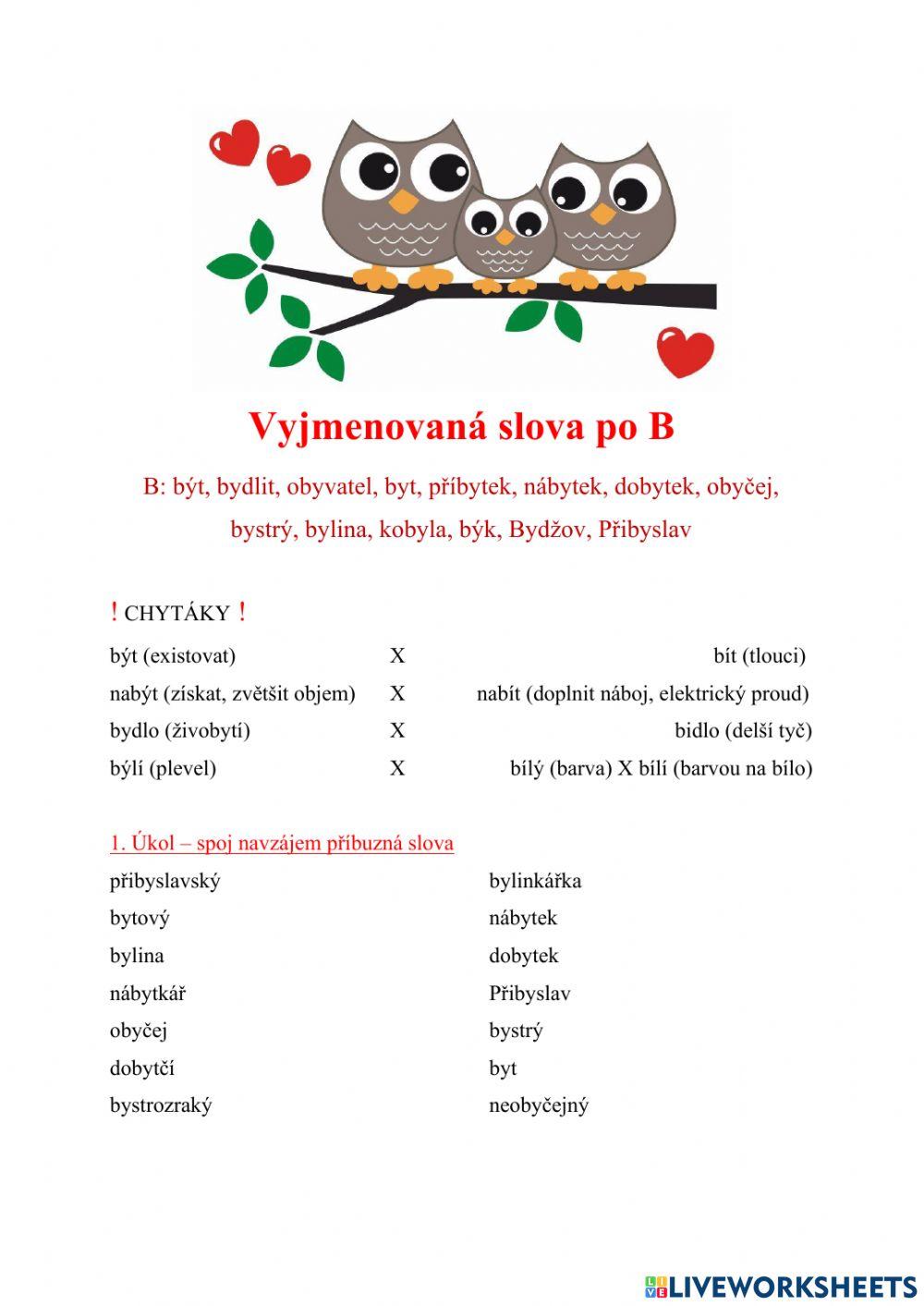 Pracovní list - vyjmenovaná slova po B Pracovní list - vyjmenovaná slova po B