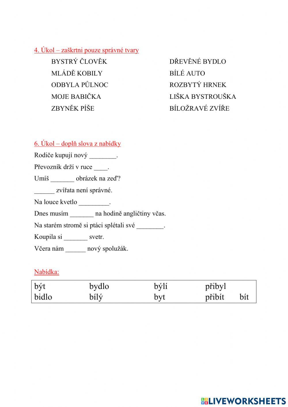 Pracovní list - vyjmenovaná slova po B Pracovní list - vyjmenovaná slova po B