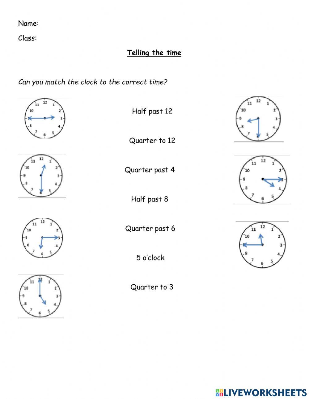 Telling the time: o'clock half past quarter past quarter to