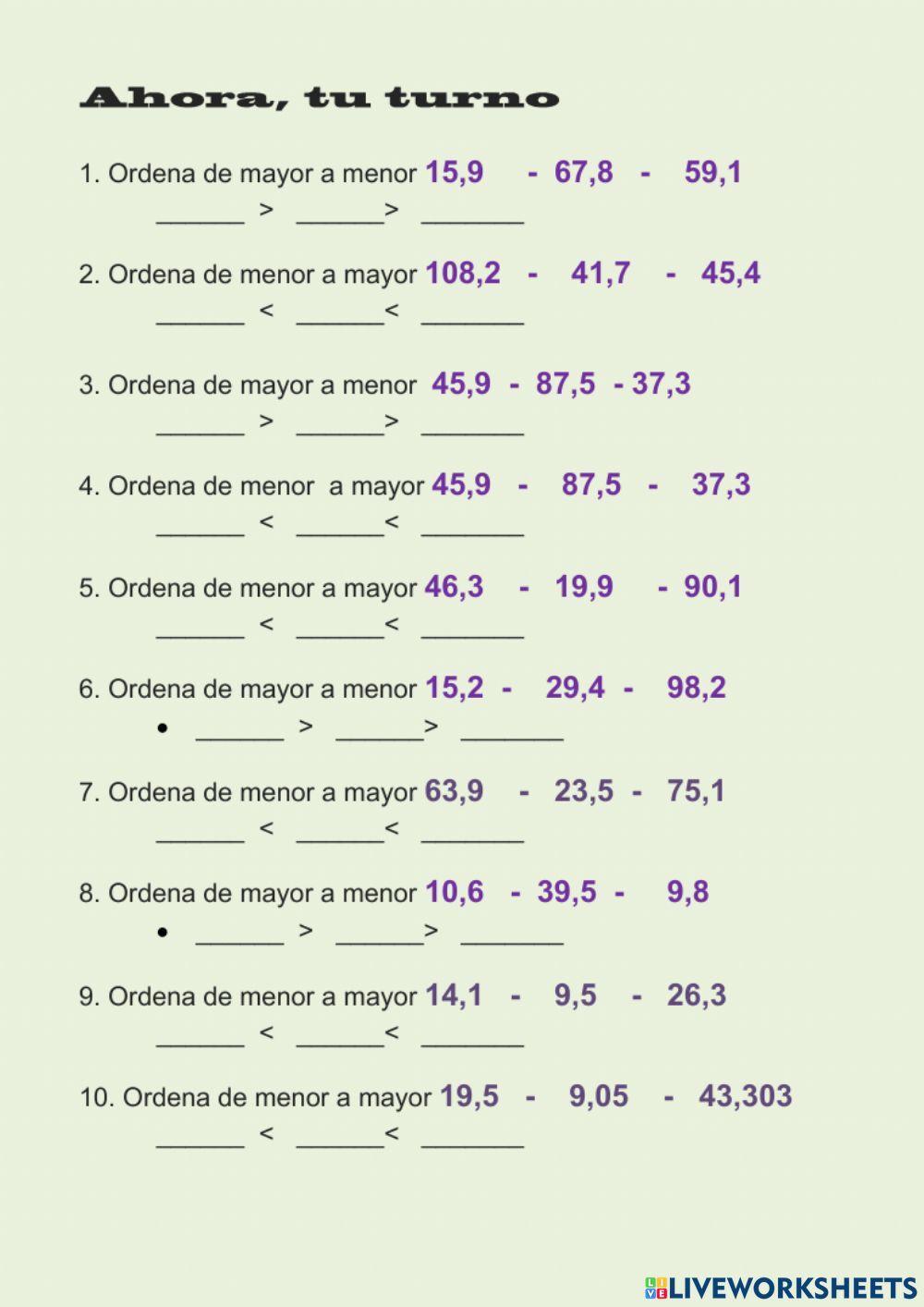 Comparación numeros decimales