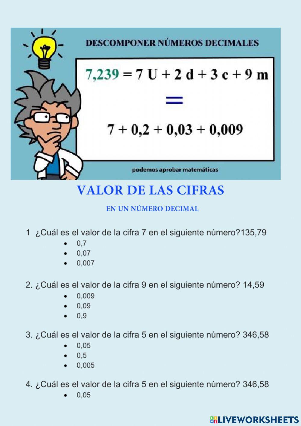 Valor posicional de las cifras de un número decimal