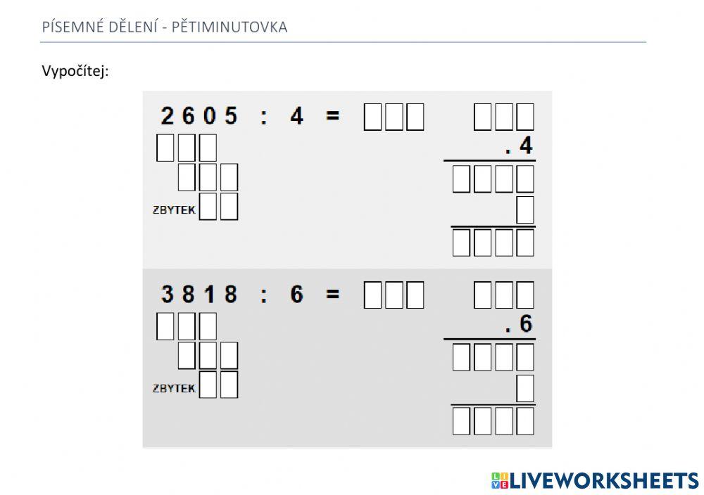 Písemné dělení jednociferným číslem - pětiminutovka