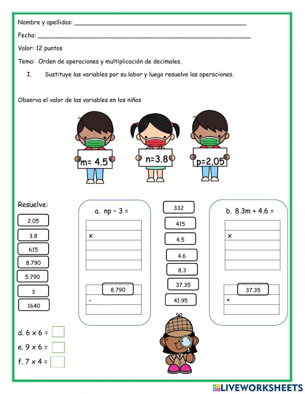 Multiplicación de decimales por decimales y sustitución de variables