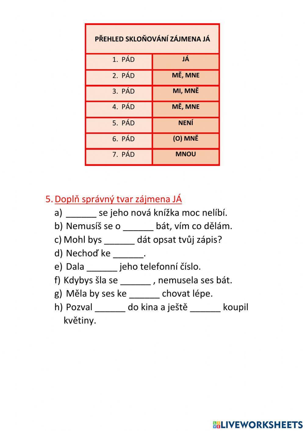 Pracovní list - Zájmena Pracovní list - Zájmena