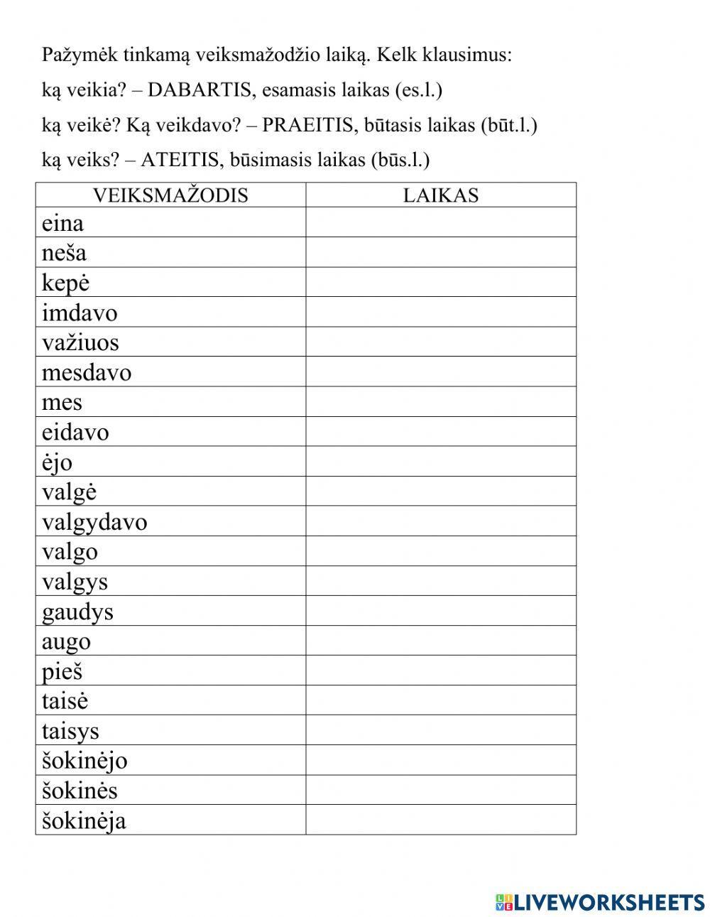 Veiksmažodžio laikai: esamasis, būtasis ir būsimasis.