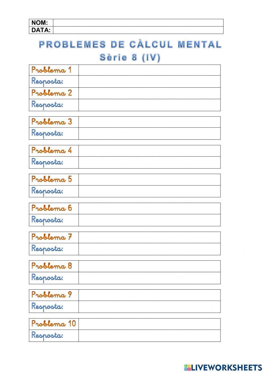 Problemes de càlcul mental: Quinzet 8.030 a 8.040