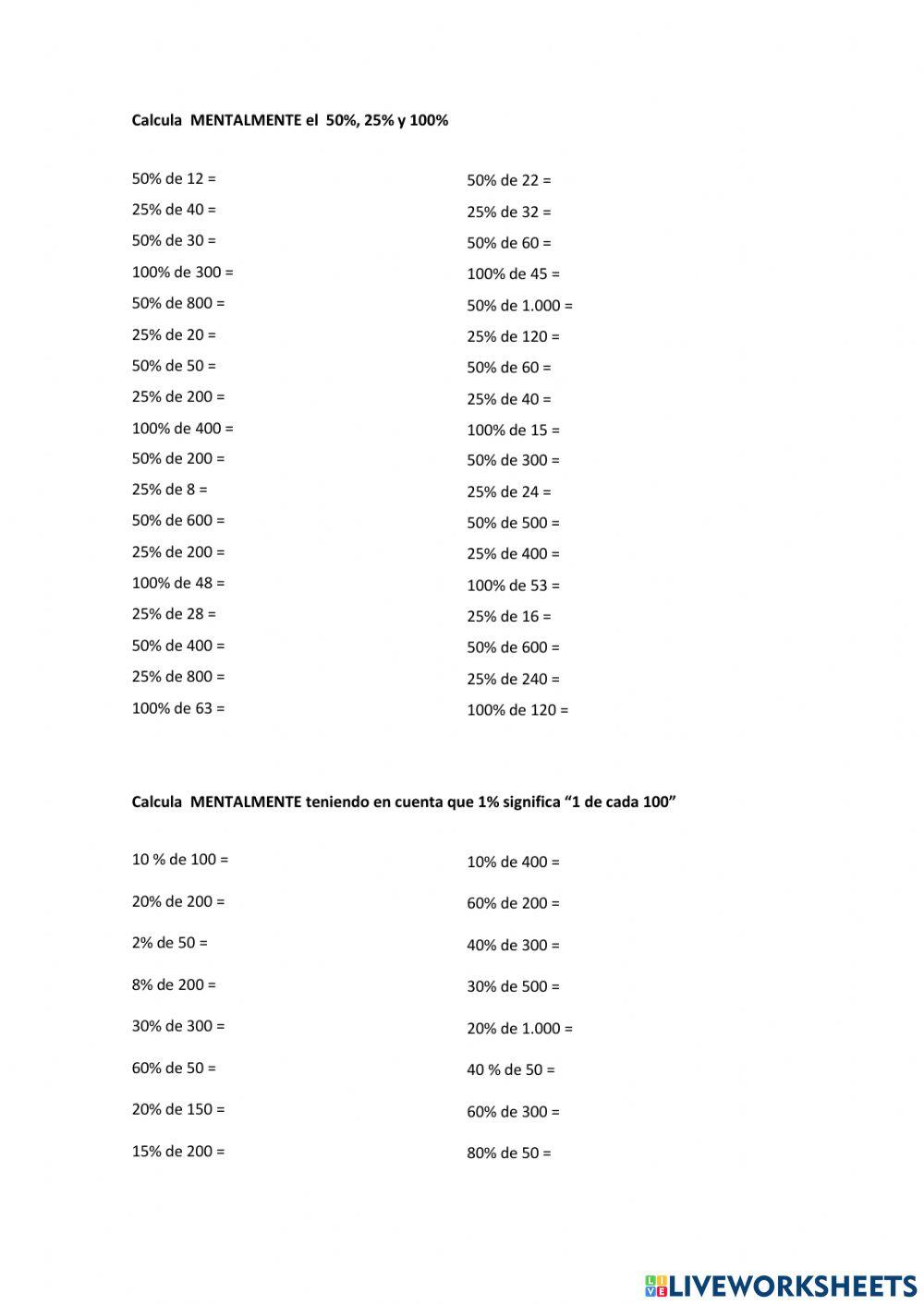 Cálculo Mental porcentajes