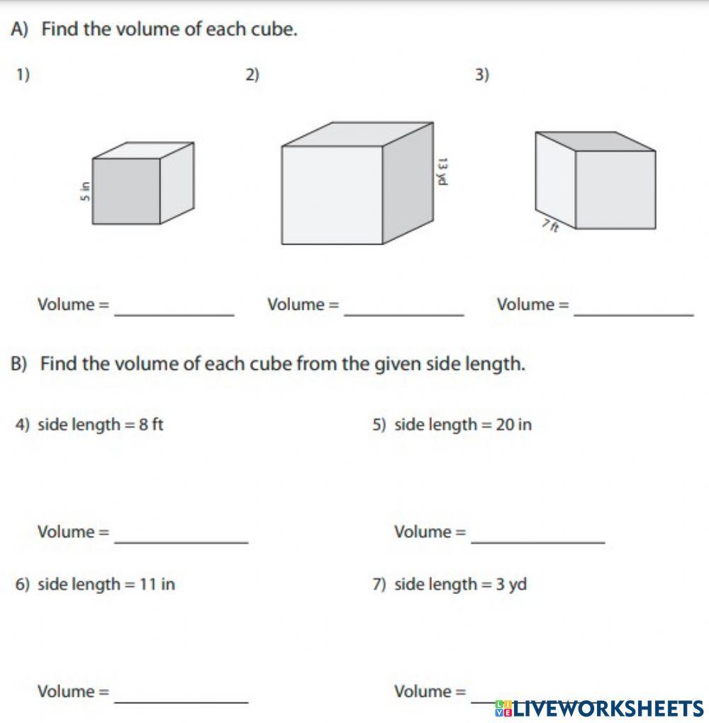 The volume of a cube worksheet Live Worksheets