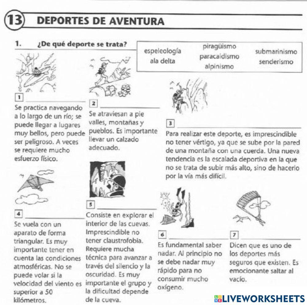 Deportes de aventura worksheet Live Worksheets
