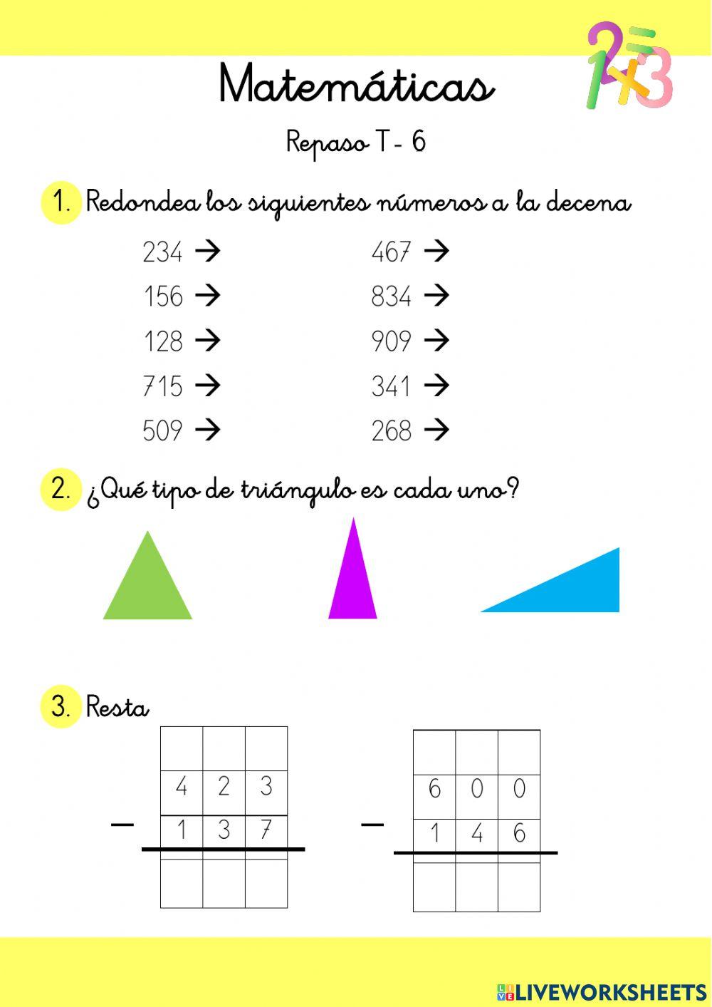 Redondeo, triángulos y restas segundo primaria
