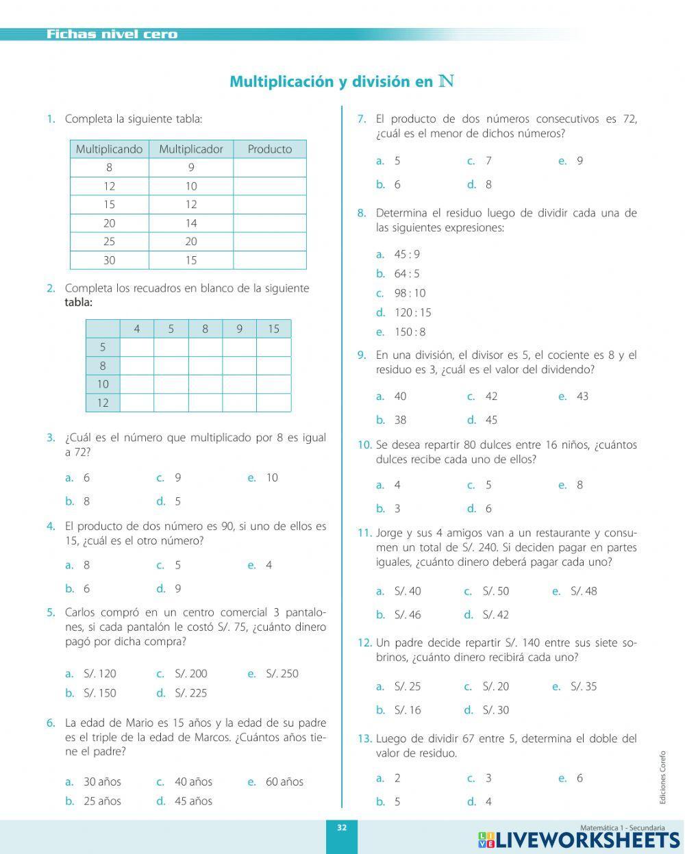 Multiplicación y división en N
