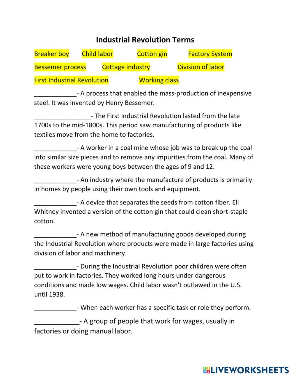 Industrial Revolution Terms Industrial Revolution Terms