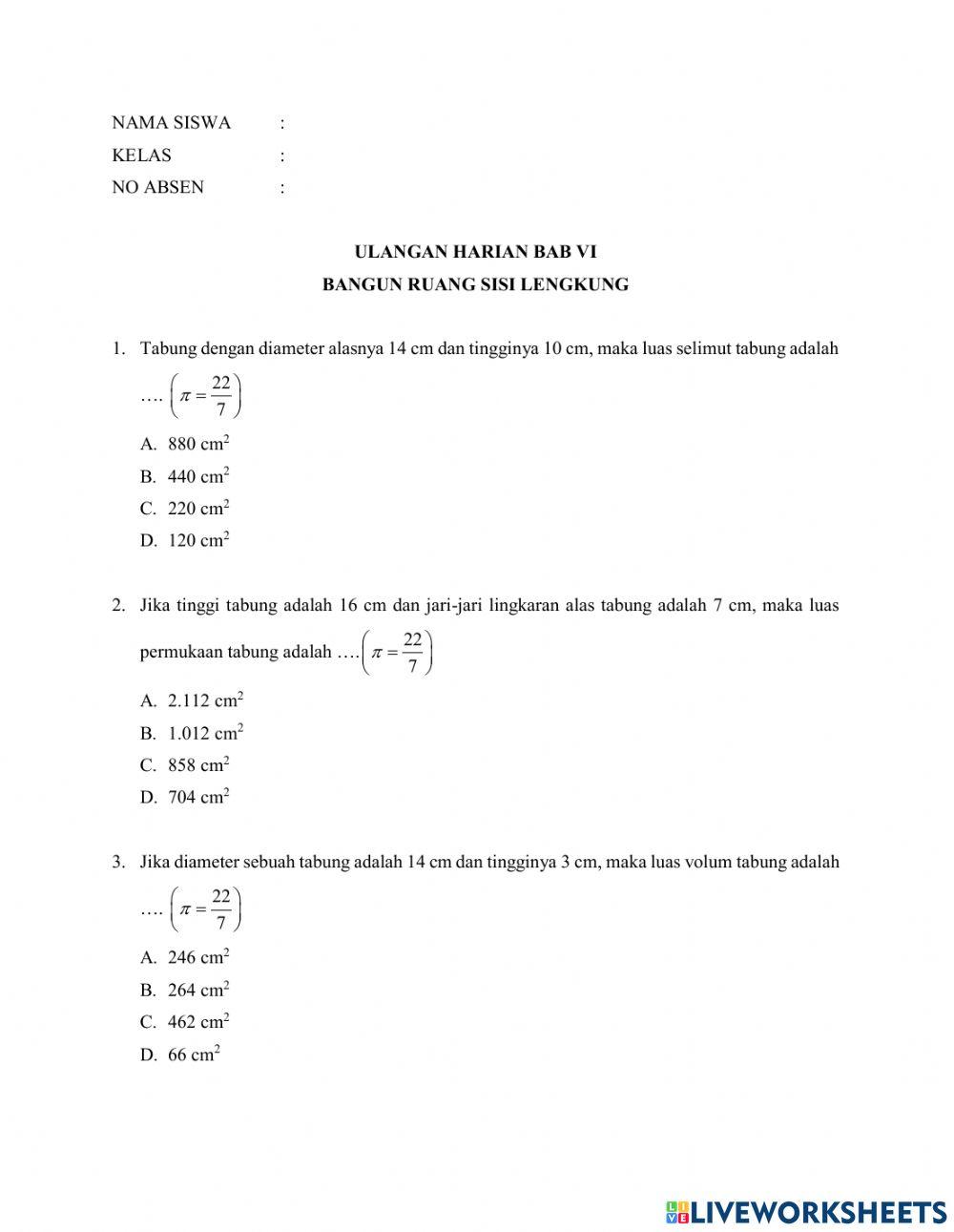 Ulangan harian bab vi bangun ruang sisi lengkung