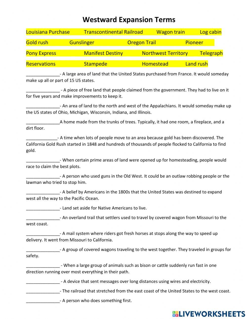 Westward Expansion Terms Westward Expansion Terms