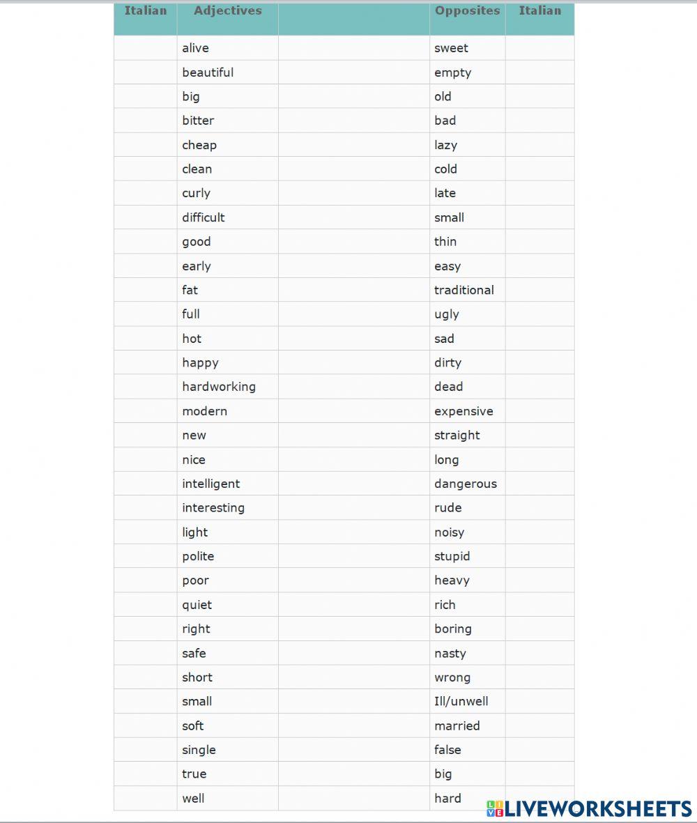Opposites adjectives. English -Italian
