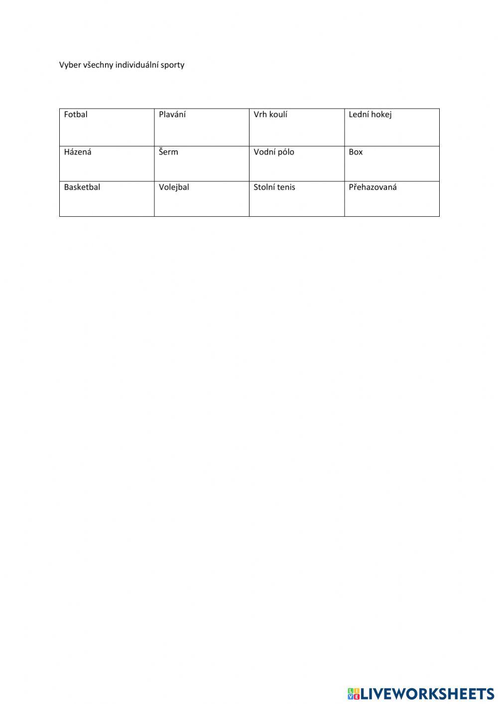 Pracovní list - tělesná výchova a sport