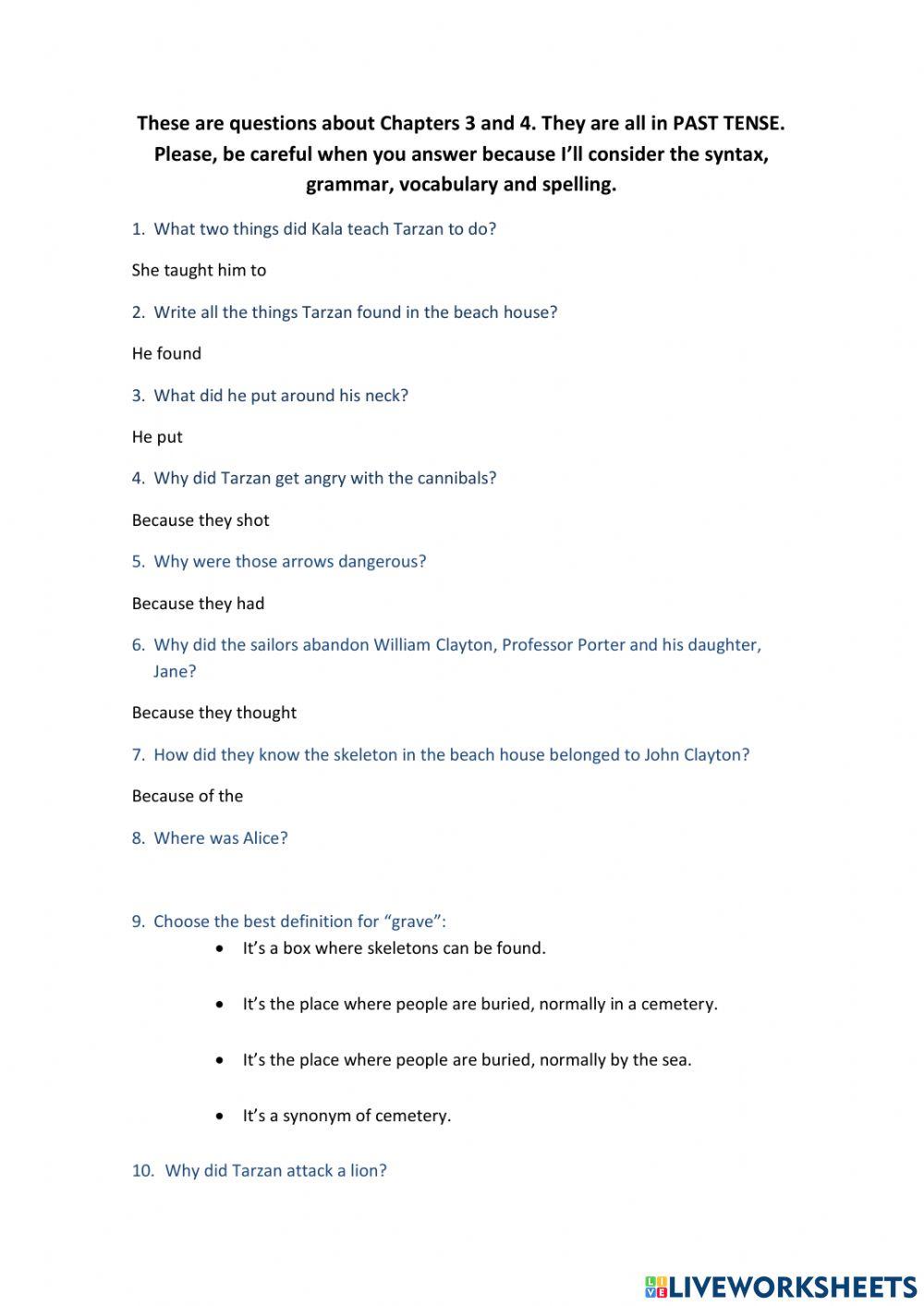 Tarzan-Questions 3-4 worksheet | Live Worksheets
