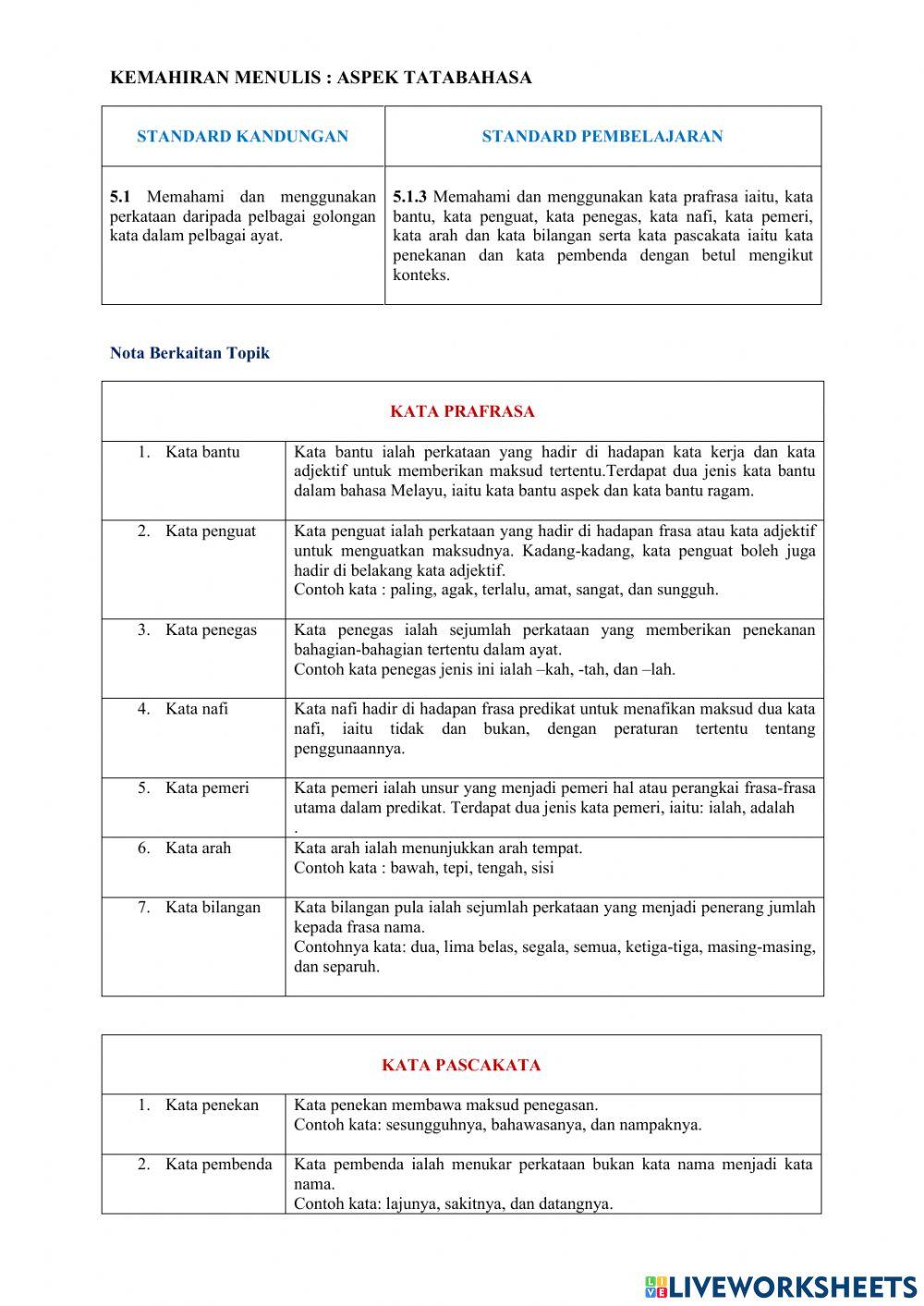 Latihan Kata Prafrasa dan Kata Pascakata Ting 2