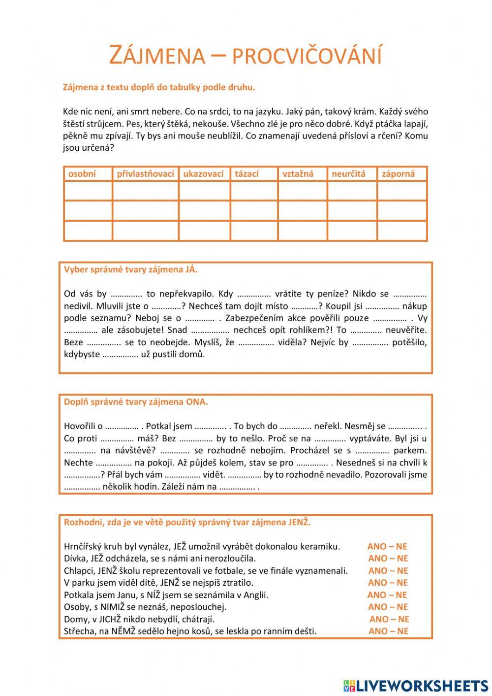 Zájmena - procvičování
