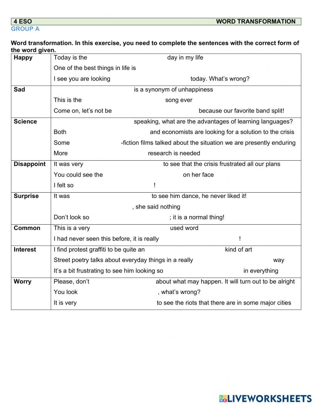 Word transformation interactive worksheet | Live Worksheets