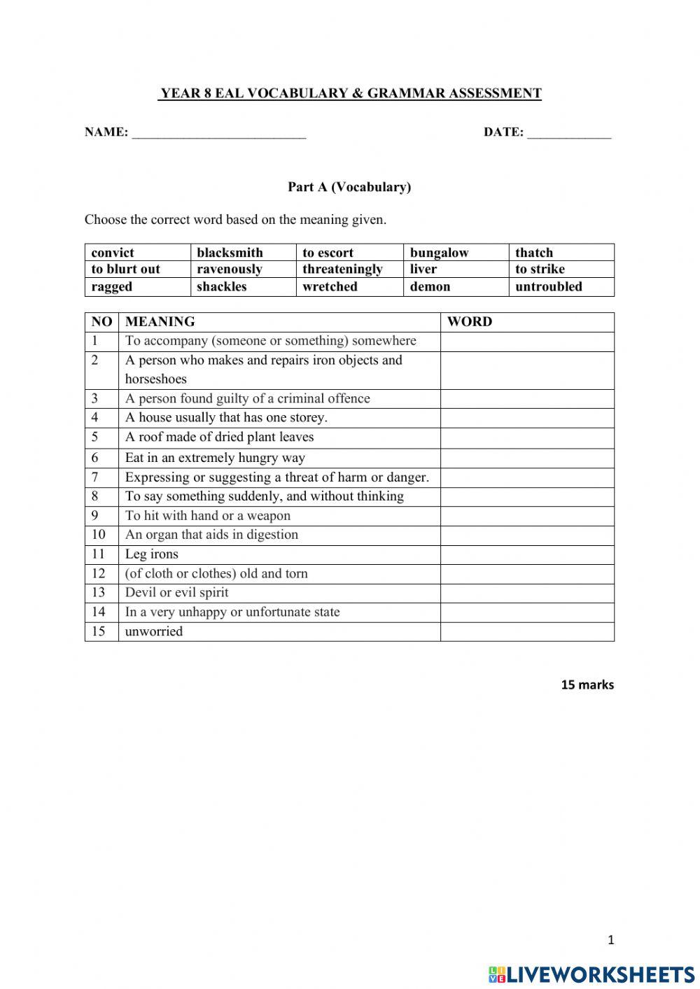 Year 8 EAL Vocabulary & GrammarAssessment