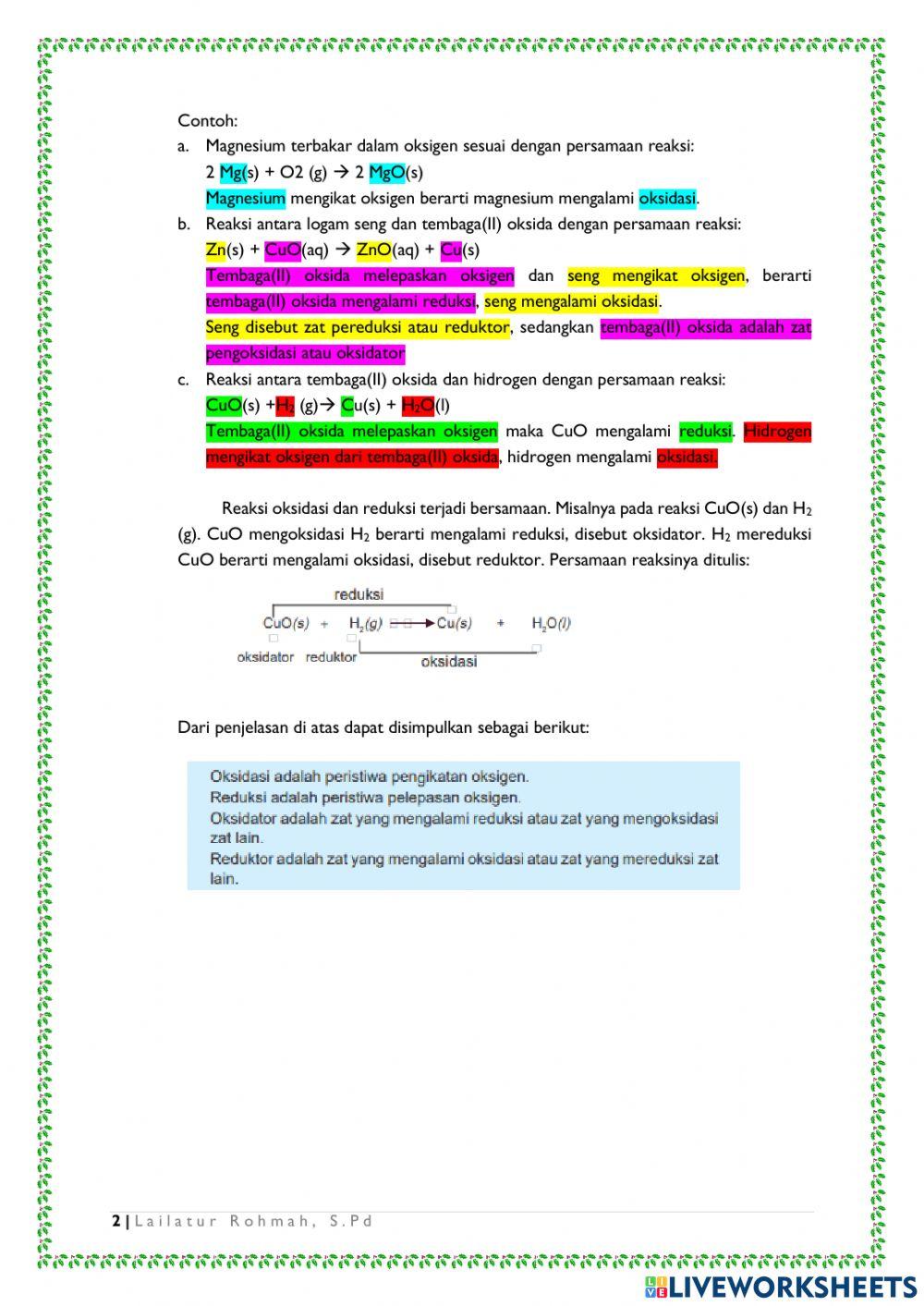 Worksheet Reaksi Redoks