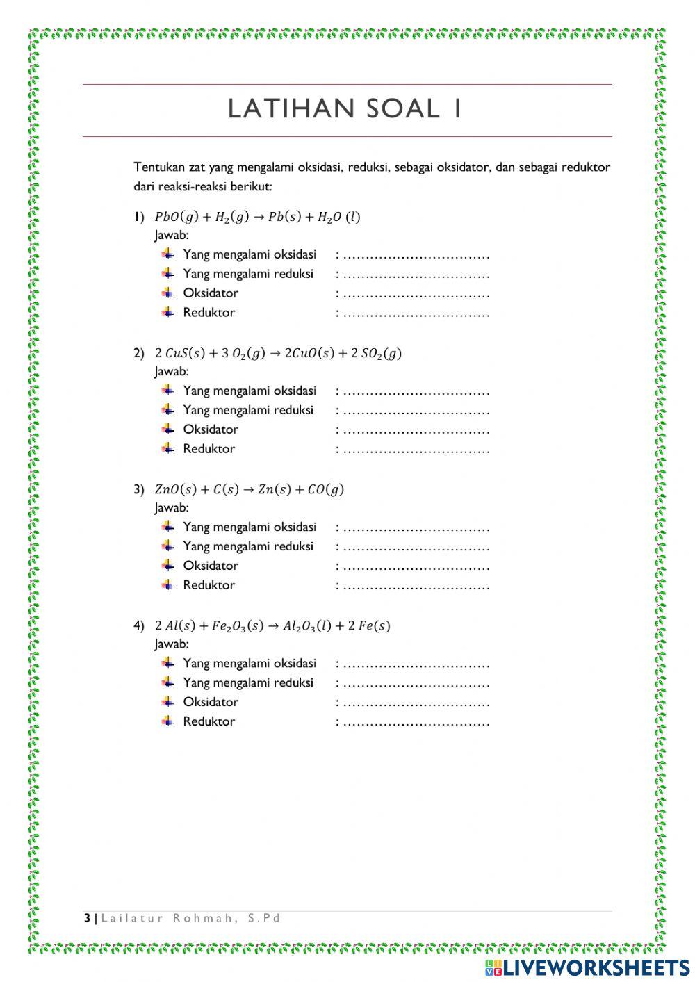 Worksheet Reaksi Redoks