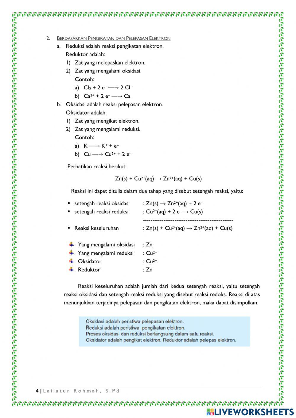 Worksheet Reaksi Redoks