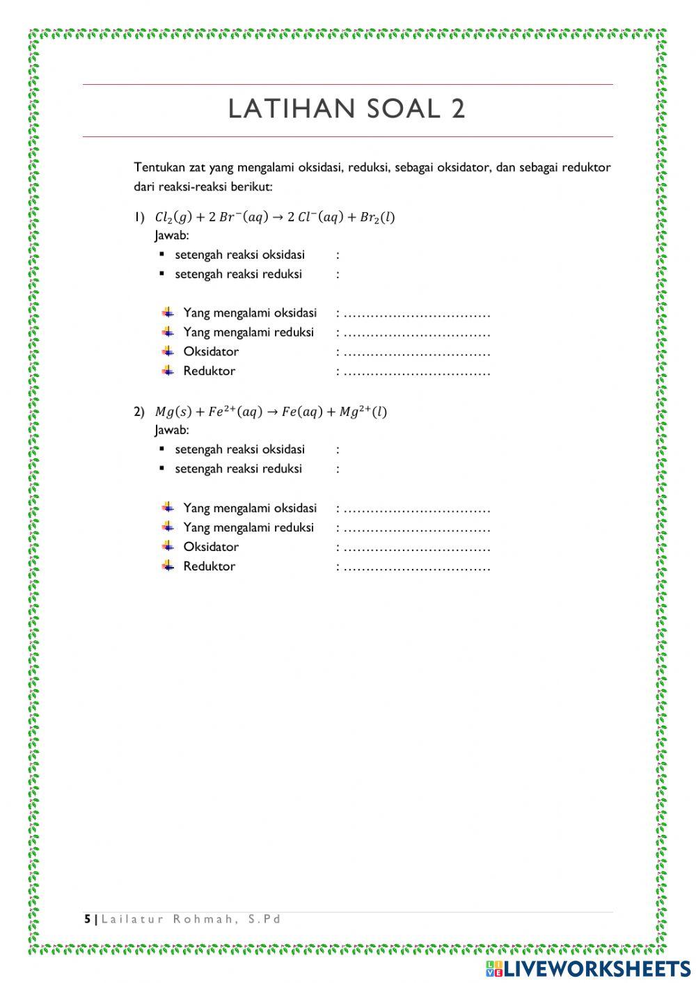 Worksheet Reaksi Redoks