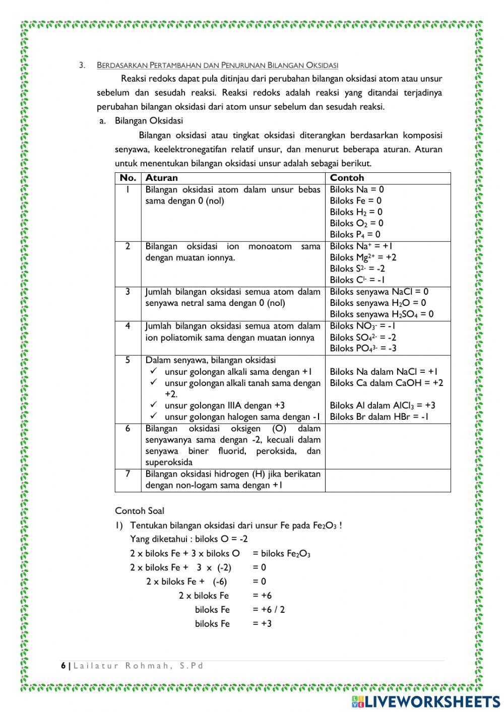 Worksheet Reaksi Redoks