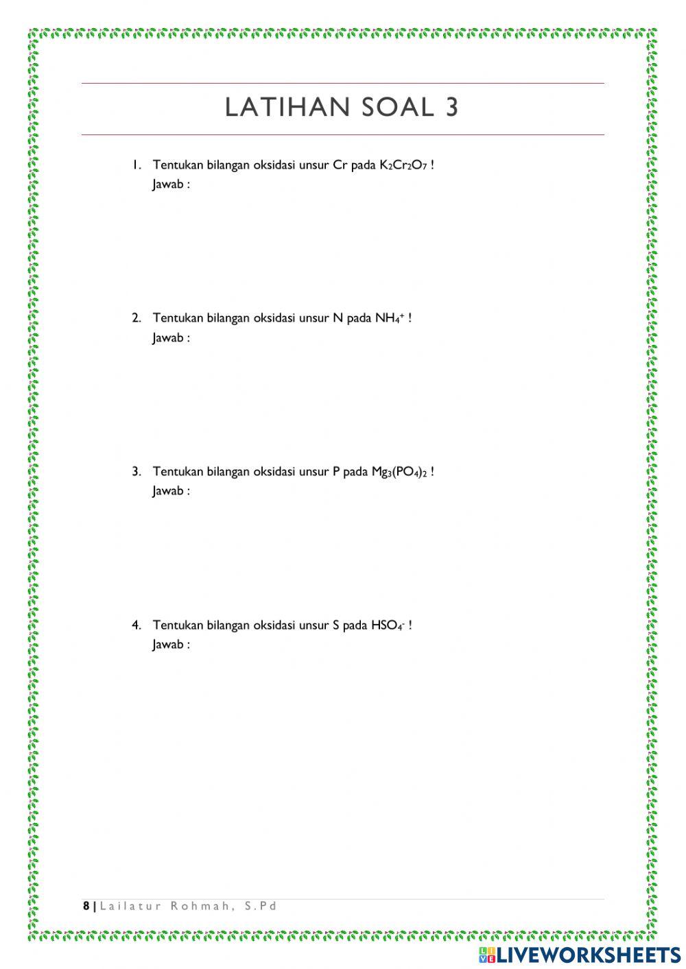 Worksheet Reaksi Redoks