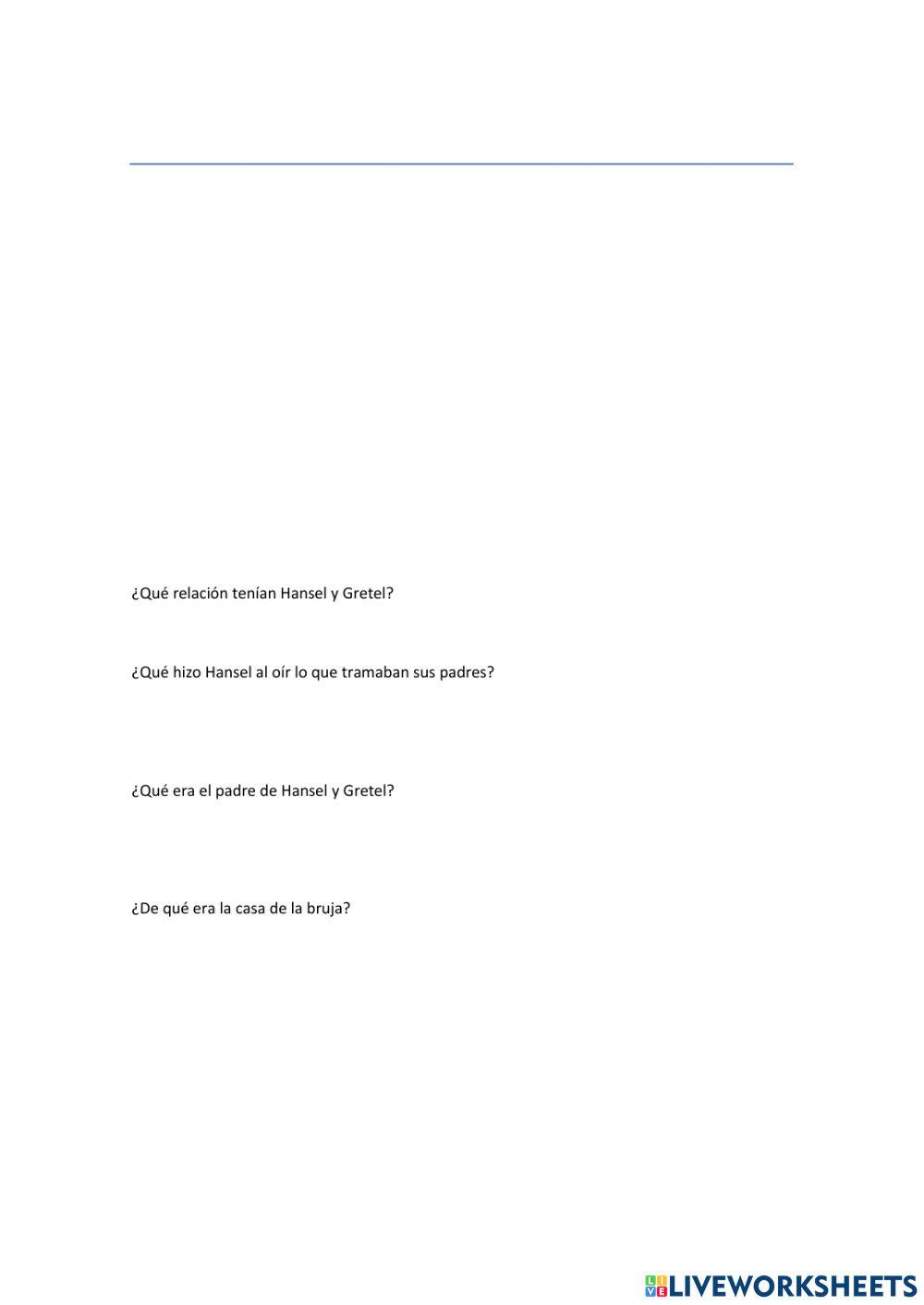 Comprensión lectora Hansel y Gretel.