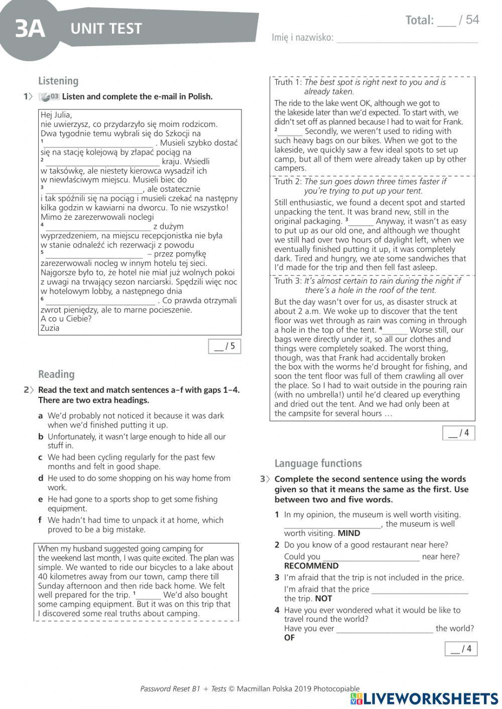Password B1 test unit 3 wersja A