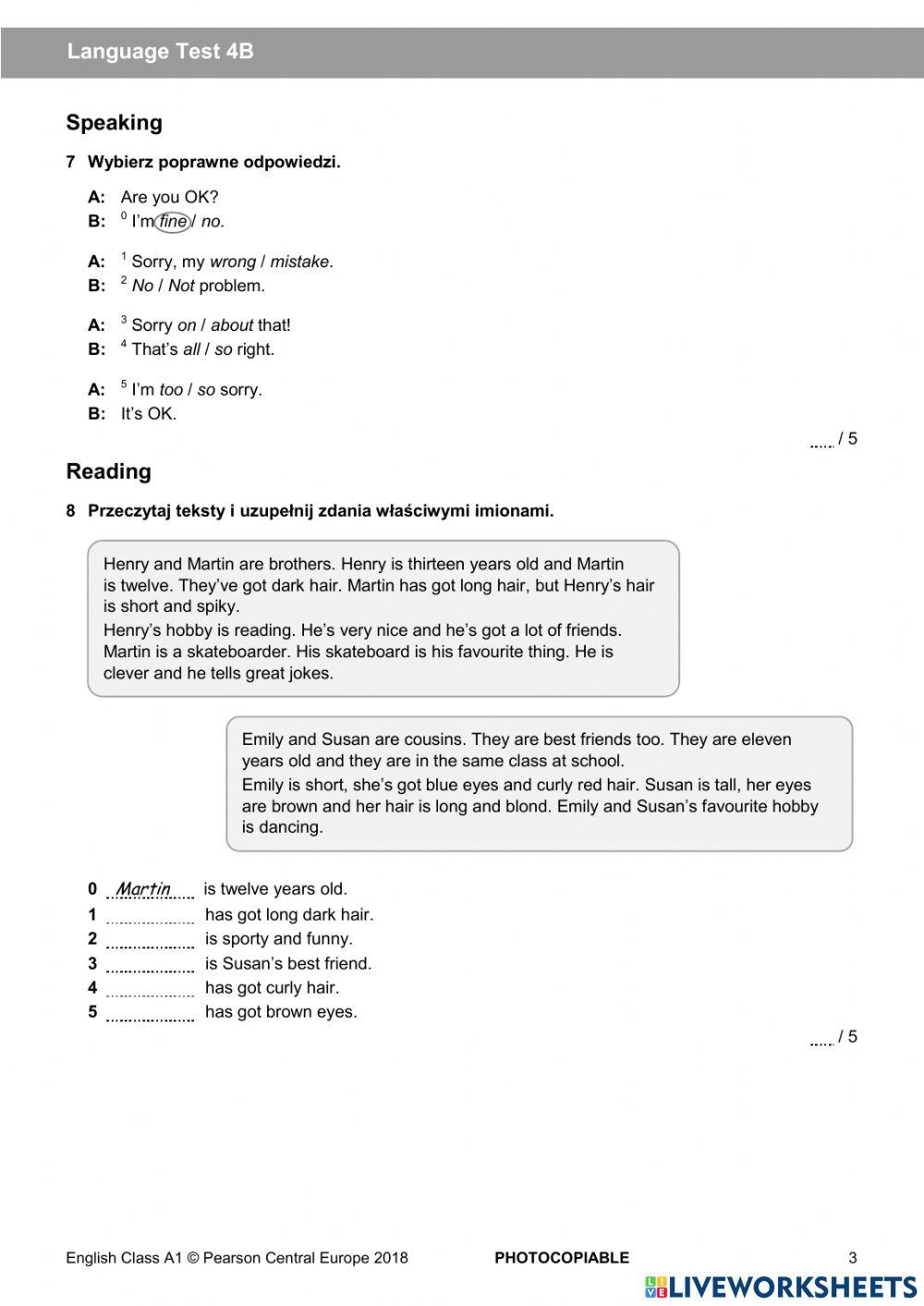 English Class A1, Test Unit 4