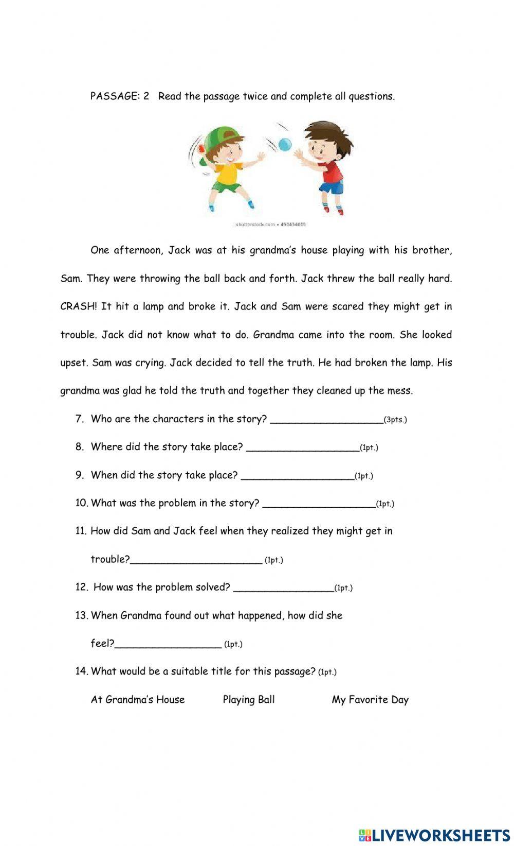 Reading assessment online exercise Live Worksheets