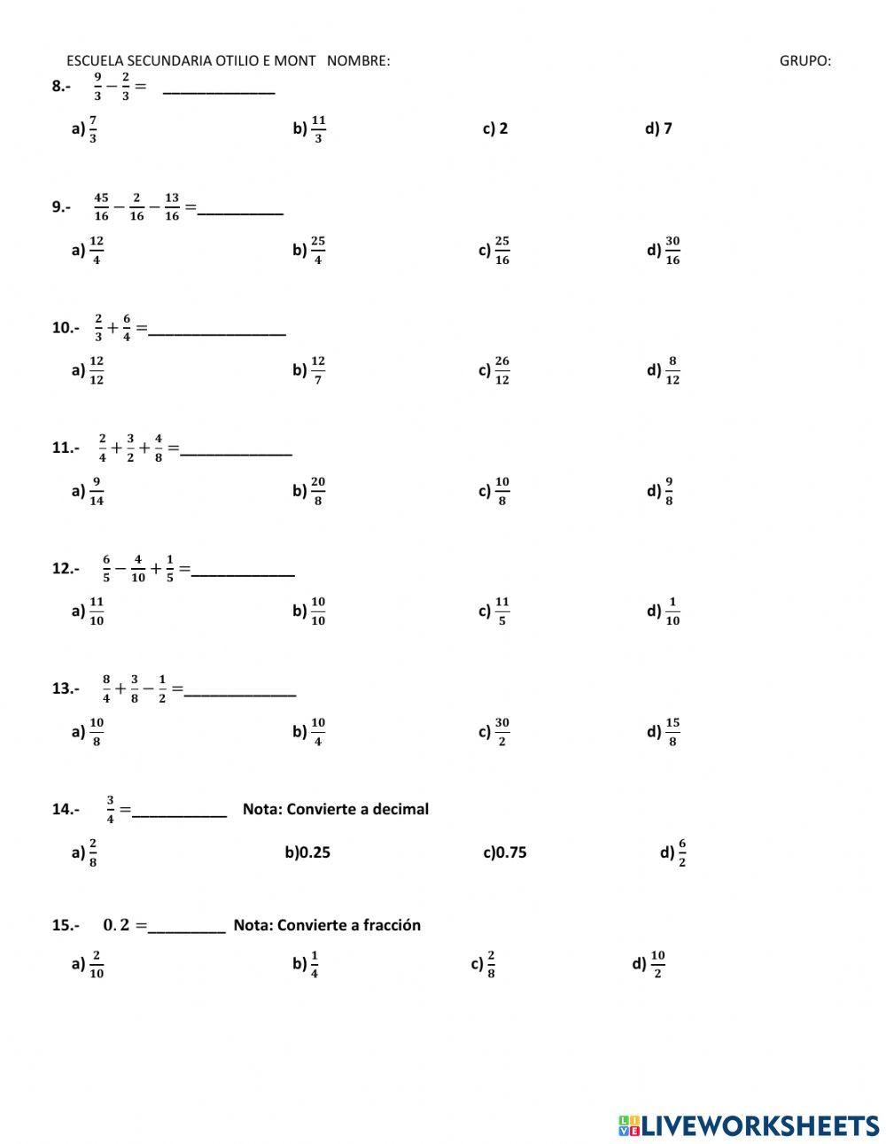 Examen simple secundaria primer parcial grupo de primero, fracciones simples