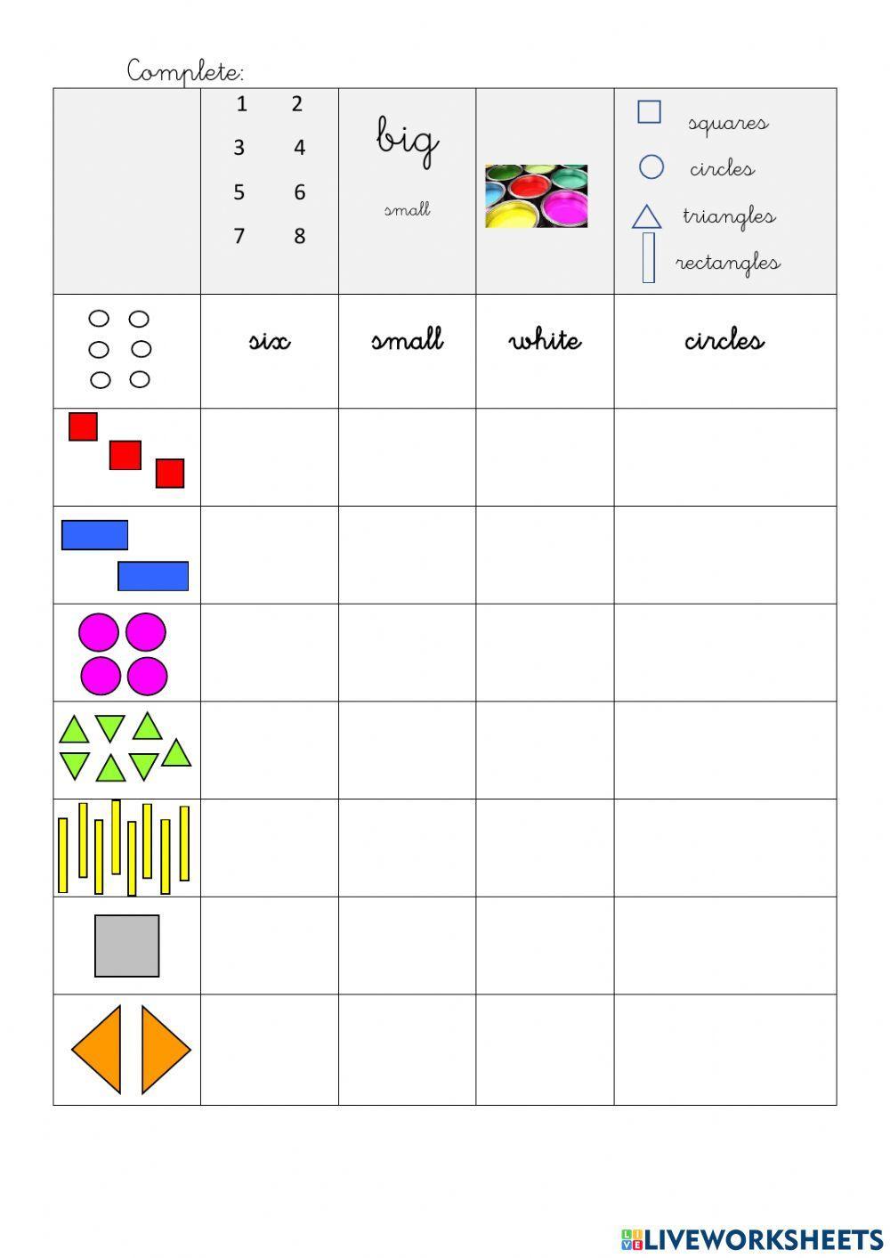 Numbers,size, colour and shapes