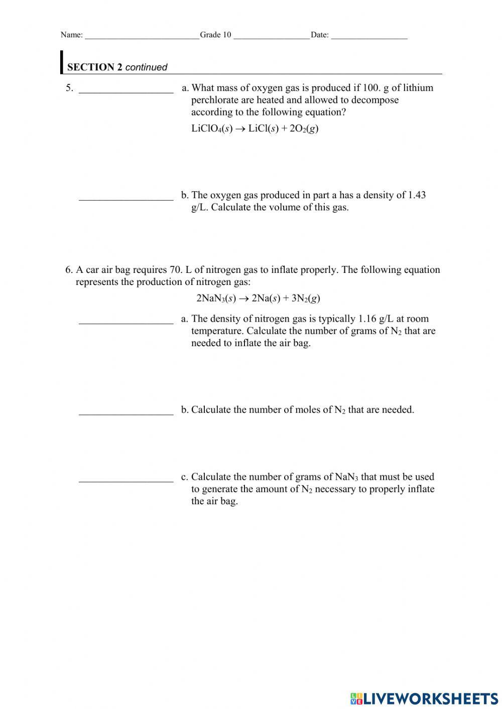 Ideal stoichiometric calculations worksheet Live Worksheets